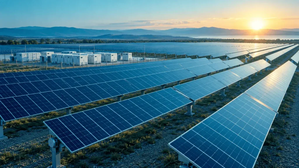 Rows of solar panels at a photovoltaic plant at sunset