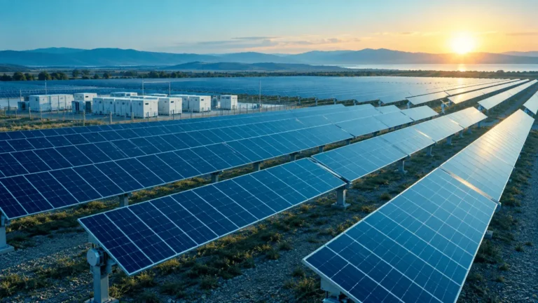 Filas de paneles solares en una planta fotovoltaica al atardecer