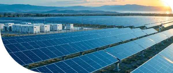 Rows of solar panels at a photovoltaic plant at sunset