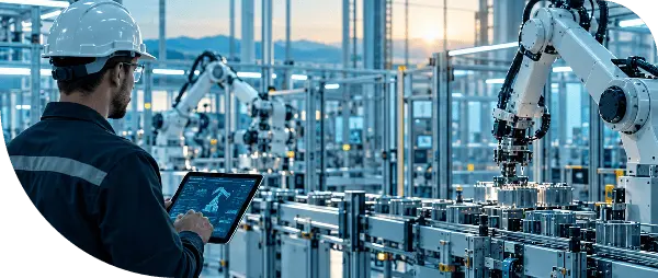 Engineer with a tablet beside robotic arms on a production line
