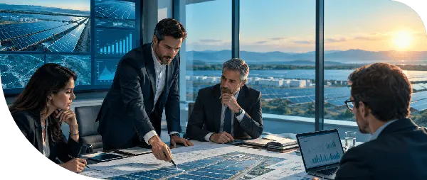 Team reviewing plans in an office overlooking a solar plant