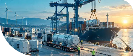 Cargo ship and wind turbines at a port at sunset
