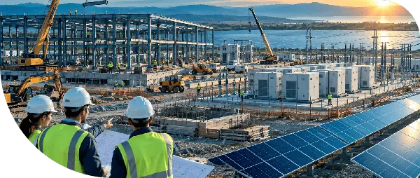 Engineers at a power-plant construction site, with solar panels